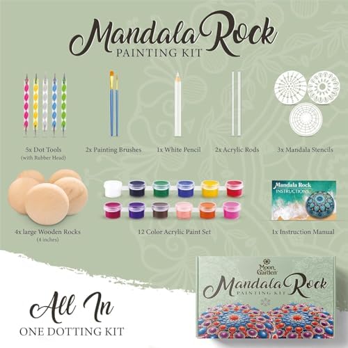 Moon Garden Mandala Rock Painting Kit - Mandala Dotting Tools Kit - Large Wooden Rocks for Painting, Stencils, Acrylic Paints, Dotting Tools for Rocks - Dot Art Kit for Adults & Kids (Pack of 2) - Image 2