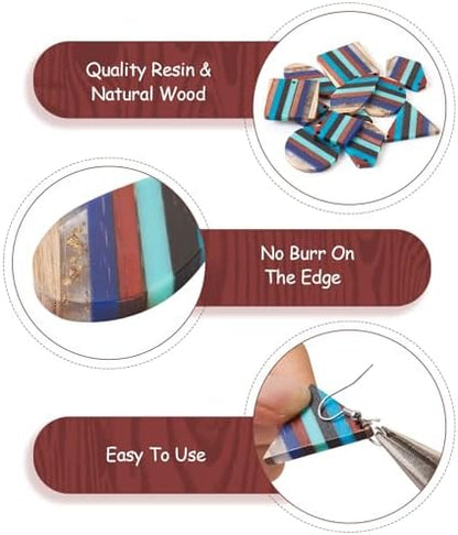 FASHEWELRY Striped Resin Wood Earrings Charms Cyan Rhombus Teardrop Flat Round Wooden Earring Blanks Earring Findings Wooden Earring Pieces for Jewelry Making, 52pcs/box - Image 5