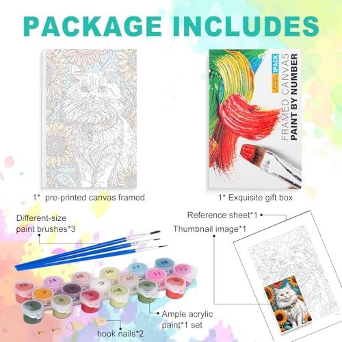 GEEHEIY Framed Paint by Numbers Kit for Adults, Cat Sunflowers, 8 x 12 Inch - Image 5