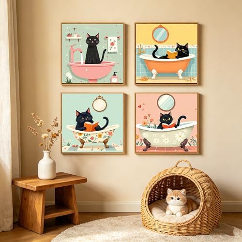 Canrichshop 4P Bathing Cat Paint by Numbers for Beginner with Frame,Black Cat Adult Painting by Numbers Kits on Canvas, DIY Oil Painting for Decor 8X 8 inch - Image 3