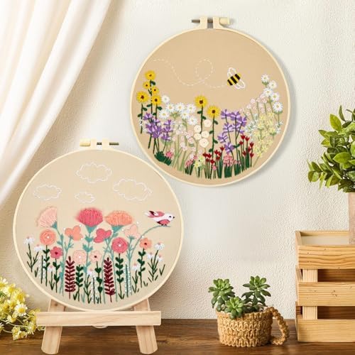 Flowers Embroidery Kits for Beginners Adults, Floral Hand Embroidery Set Needlepoint Kits, Stamped Cross Stitch Kits for Beginners Adults, 2 Embroidery Hoops, Fabric, Thread (Attached Video Tutorial) - Image 5