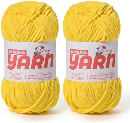 2 Pack Plush Chunky Chenille Yarn for Crocheting, Soft Fluffy Velvet Yarn for Crocheting Amigurumi, Fuzzy Baby Blanket Knitting 200g/262yds Bulky(2 Light Yellow) by Sekafris