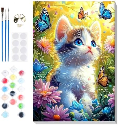 Bowetile Framed Paint by Numbers Cat for Adults Beginners, Adults' Paint-by-Number Cat Kits, Easy Adult Paint by Number Kits on Canvas, Acrylic Animals Number Painting for Home Decor, 8x12in by BOWETILE