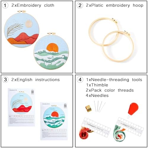 Armindou Hand Embroidery Starter Kit for Beginners Adults, Counted Cross Stitch kit for Adult Beginner, Stamped Embroidery Needlepoint Kit, 2 Set Embroidery Supplies, 2 Hoops (Attached Video Tutorial) - Image 2
