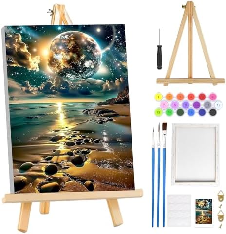 MOGTAA Starry Sky Paint by Numbers Kit for Adults Beginners with Frame, Beach Landscape Adult Paint by Number Kits on Canvas with Easel, Easy DIY Oil Painting Kits for Home Decor, 8x12in by MOGTAADIYHomeDecor