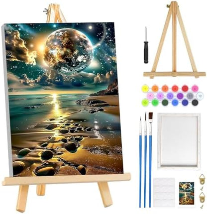 MOGTAA Starry Sky Paint by Numbers Kit for Adults Beginners with Frame, Beach Landscape Adult Paint by Number Kits on Canvas with Easel, Easy DIY Oil Painting Kits for Home Decor, 8x12in by MOGTAADIYHomeDecor