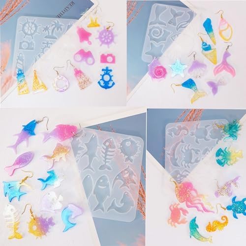 4 Piece Resin Earring Molds, Ocean Life Jewelry DIY Silicone Molds UV Resin Jellyfish Shell Starfish Earrings Keychain Lighthouse Ship Wheel Necklace Pendant Craft Supplies - Image 3