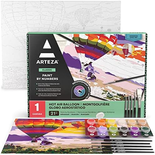 Arteza Paint by Number for Adults, 12x16 Inches, 21 Pieces, Hot-Air Balloon Paint by Numbers Kit, Comes with 1 Canvas Panel, 12 Acrylic Paint Pots, 5 Paintbrushes, Art Supplies for Home & Office Decor by ARTEZA