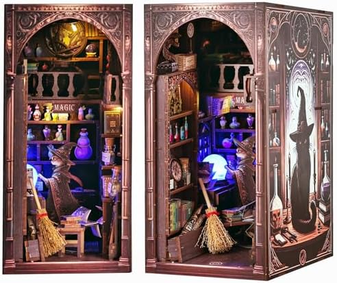Magic Wizard Cat 3D Book Nook Kit, DIY Miniature House Booknook Dollhouse Kit for Adults and Teens, 3D Wooden Puzzle Bookend Bookshelf Insert Decor, Mini Magic House Model Build Gift by QIANLING