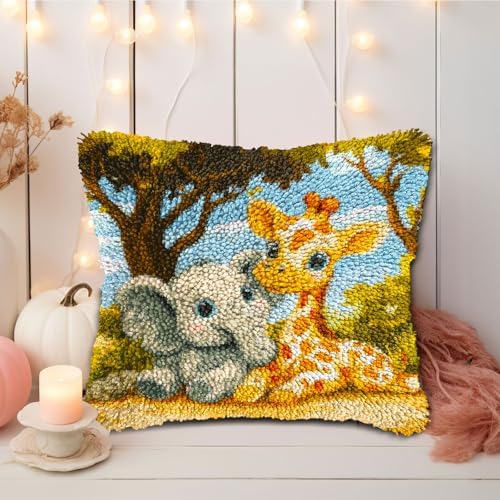 Generic DIY Latch Hook Pillow Kits Cute Elephant and Giraffe Printed Pillowcase Crochet Yarns Hooking Handmade Pillow Cover Cushion for Home Sofa Decoration 17x17inch-4 - Image 5