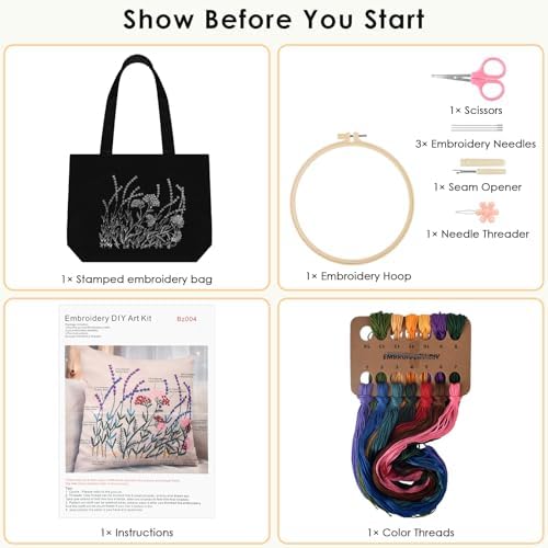 ERKOON Canvas Tote Bag Embroidery Kit for Beginners, Floral Arts Crafts Cross Stitch Kits for Adults Including Stamped Embroidery Bag with Hoops, Needle, Instruction and Color Threads (Lavender) - Image 2
