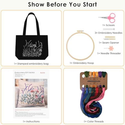 ERKOON Canvas Tote Bag Embroidery Kit for Beginners, Floral Arts Crafts Cross Stitch Kits for Adults Including Stamped Embroidery Bag with Hoops, Needle, Instruction and Color Threads (Lavender) - Image 2