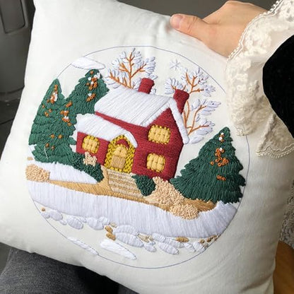 FONNUY Christmas Embroidery Kit for Beginners, Throw Pillow Case Cross Stitch Set Winter Snow House Holly Tree Pattern for Adults, Hand Works Crafts Throw Pillow Cover, 18 x 18'' (White) - Image 5