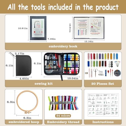 Embroidery Stitch Book Kit for Adults & DIY Craft Enthusiasts, Portable Embroidery Kit for Beginners, Includes Guide to 106 Patterns with Tools & Tutorials and 86-Piece Sewing Tool Set (1 Kit) - Image 3
