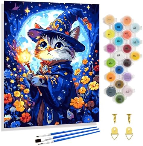 Yunnuo Cat Paint by Numbers Kit for Adults Beginner,Adult Paint by Number Kits on Canvas,Magic Cat and Flowers Paint-by-number Kits with Acrylic Paint & Brush,Great Choice for Decor and Gift(16x20 in) by Yunnuo-premiumdiyartpaintingkits