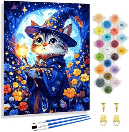 Yunnuo Cat Paint by Numbers Kit for Adults Beginner,Adult Paint by Number Kits on Canvas,Magic Cat and Flowers Paint-by-number Kits with Acrylic Paint & Brush,Great Choice for Decor and Gift(16x20 in) by Yunnuo-premiumdiyartpaintingkits
