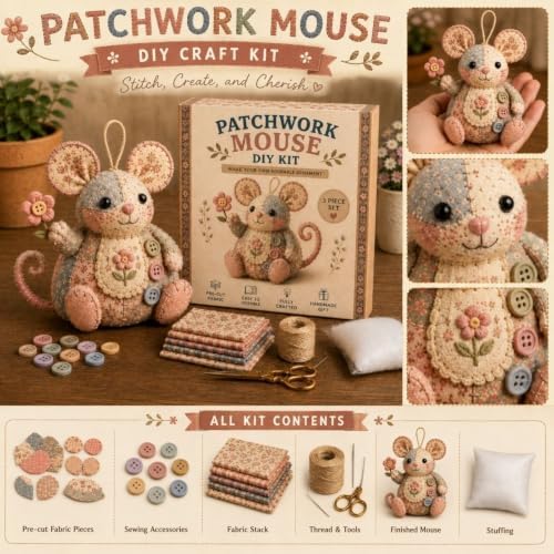 TREBIN Patchwork DIY Sewing Kit for Adults Beginners, Animal Craft Kits, Handmade Beaded Fabric Cover, Sewing Craft Kit for Home Decor Keychain Tissue Box Cover (Patchwork Mouse DIY Kit) - Image 3
