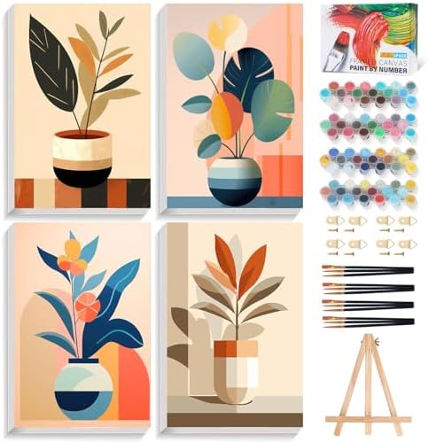 4 Pack Framed Paint by Numbers Kit for Adults with Wooden Easel, 8x12 Inch by Offito