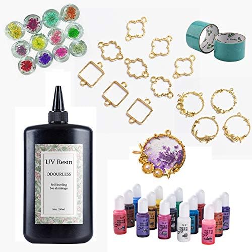 New Clear Hard UV Resin Odor Free 250g + 15 Colors Inks Liquid Pigments 12 Dried Flowers 13 Open Back Bezels for Clover Pendants Necklaces with Tapes, for DIY Resin Projects Crafts Jewelry Making by VidaRosa