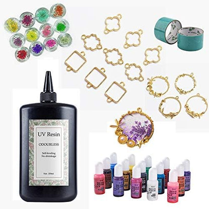 New Clear Hard UV Resin Odor Free 250g + 15 Colors Inks Liquid Pigments 12 Dried Flowers 13 Open Back Bezels for Clover Pendants Necklaces with Tapes, for DIY Resin Projects Crafts Jewelry Making by VidaRosa