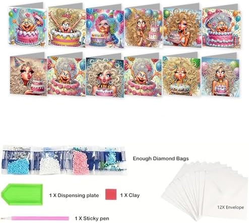 jinglinhh 12pcs Diamond Art Painting Birthday Cake Balloons Woman Greeting Cards with Envelopes, DIY Card Making Kits for Adults, Diamond Art Christmas Cards for Holiday Gifts - Image 3