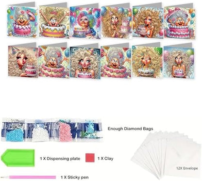 jinglinhh 12pcs Diamond Art Painting Birthday Cake Balloons Woman Greeting Cards with Envelopes, DIY Card Making Kits for Adults, Diamond Art Christmas Cards for Holiday Gifts - Image 3
