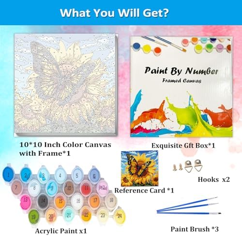 Artunion Framed Paint by Numbers Kit for Adults Beginners & Kids Ages 8-12,Sunflower Butterfly Paint by Number with Frame,Floral Paint by Numbers Kit on Canvas 10 * 10 Inch Without Easel - Image 4