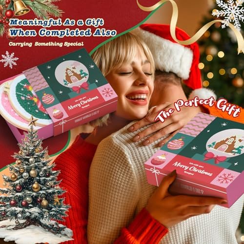 yuegool 2PCS Christmas Punch Needle Decoration Kit,Easy DIY Punch Needle Embroidery Kit for Beginners Adults Kids Including Patterns, Tools, Yarns, Hoop, Instruction, Bracket Art Craft Supplies - Image 6
