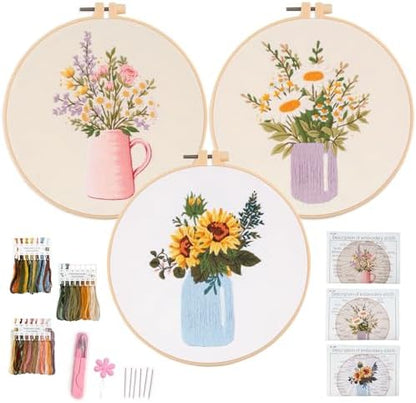 Myfelicity Embroidery kit,Floral Embroidery Art Kit, Set of 3, Decorative Pitcher Designs with Sunflowers and Wildflowers by Myfelicityembroiderykit