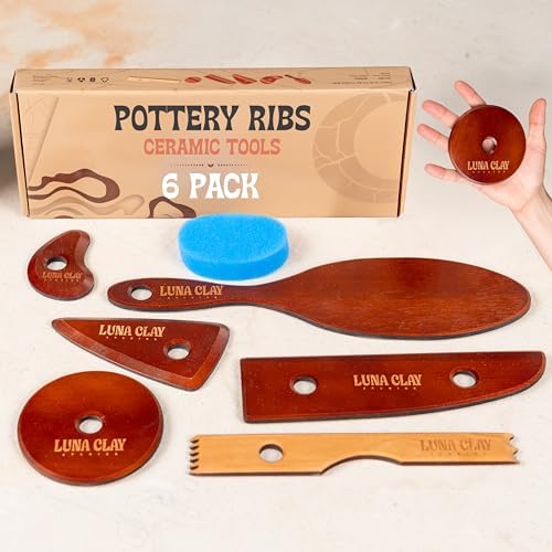 Large Pottery Ribs & Trimming Tools Set, 6 Pack Extra-Long Kiln-Dried Cherry Wood, 9 Inch Clay Paddle, Round Disc & Serrated Rib for Wheel Throwing, Shaping Bowls & Slabs, Non-Warping Bonus Sponge by LunaClayStudios