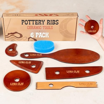 Large Pottery Ribs & Trimming Tools Set, 6 Pack Extra-Long Kiln-Dried Cherry Wood, 9 Inch Clay Paddle, Round Disc & Serrated Rib for Wheel Throwing, Shaping Bowls & Slabs, Non-Warping Bonus Sponge by LunaClayStudios
