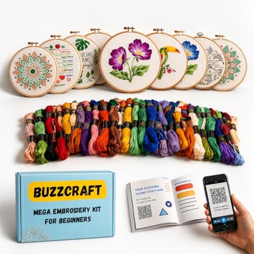 BUZZCRAFT Embroidery Starter Kit for Beginners & Adults, Learn 30+ Stitches, 10 Pre-Printed Practice Patterns, Hand Embroidery Kit with Hoop, Needles, Floss & Instruction Book, DIY Sewing Craft Kit by Unknown