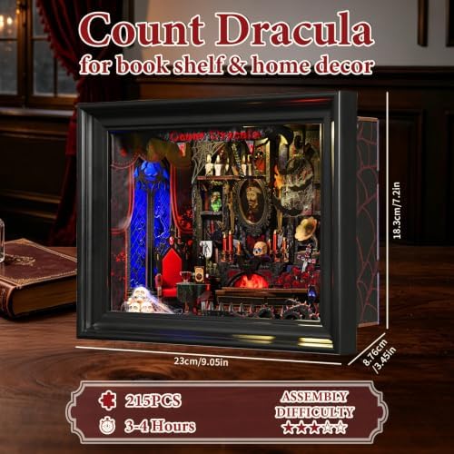 Book Nook Kit-3D Wooden Puzzle with LED Switch Control & Wall-Mountable Frame,DIY Miniature House for Beginners,Bookshelf/Tabletop/Wall Decor for Craft Lovers,Dollhouse Gift,Count Dracula - Image 5
