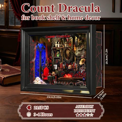 Book Nook Kit-3D Wooden Puzzle with LED Switch Control & Wall-Mountable Frame,DIY Miniature House for Beginners,Bookshelf/Tabletop/Wall Decor for Craft Lovers,Dollhouse Gift,Count Dracula - Image 5