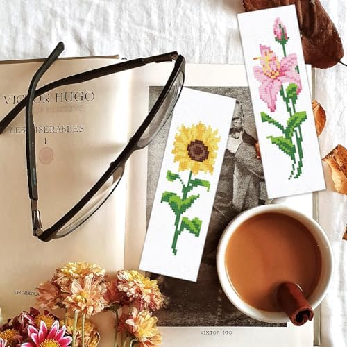 BEUNITONE 6 Pcs Flower Bookmark Cross Stitch Kits DIY Stamped Embroidery Bookmark Kit for Adults Beginner with Instructions Vivid Floral Cross Stitch Kits for DIY Crafts Book Lovers Gifts 2.4x8 in - Image 5