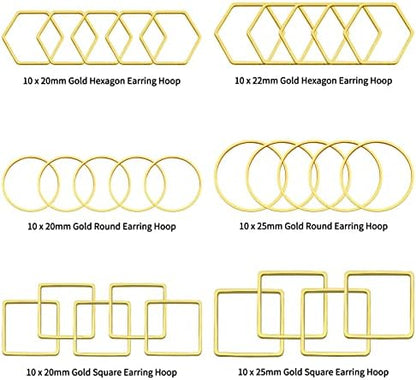 60pcs Beading Hoop Earring Findings Hypoallergenic Hexagon Square Round Earring Hoop Open Bezel Pendant Frame for DIY Crafts Accessories Supplies(Gold,3Shapes) - Image 2
