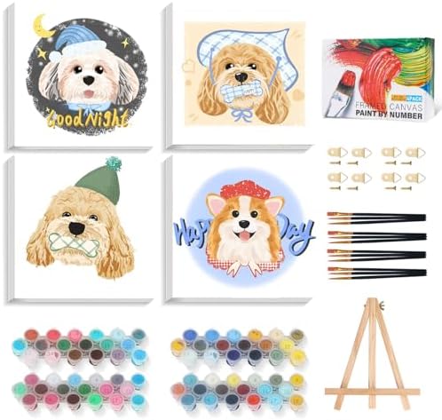 4 Pack Framed Paint by Numbers Kit for Adults Beginner with Wooden Easel, Funny Dog Easy Paint by Numbers with Frame, DIY Cute Animal Number Painting for Adults Canvas for Home Decor Gift 10x10 Inch by Unknown