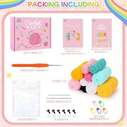 Crochet Kit for Beginners - 3 PCS Unicorn Cat Crochet Kits with Step-by-Step Video Tutorials, Beginner Crochet Kit for Adults, Crochet Animal Kit for Starters, Cat Dressed as Unicorn Set - Image 3