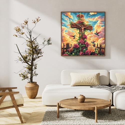Paint by Numbers Kit for Adults, Christian Cross & Roses Design, 16x16 Inch - Image 3