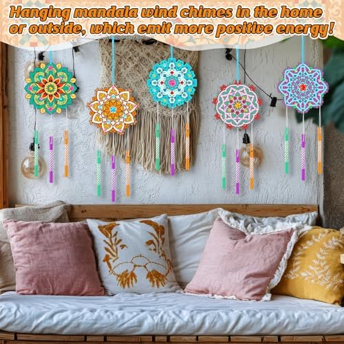 Amyhill 16 Pack Mandala DIY Wind Chime Kit, Wooden Coloring Craft, Gifts - Image 4