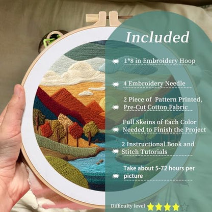 FONNUY Embroidery Kit for Beginners, Brightly Colored Landscape Lake Pre-Stamped Pattern Kits for Adults with Hoop, Easy to Follow Color Thread Needlework, 8'' Hoop (SkyBlue) - Image 2
