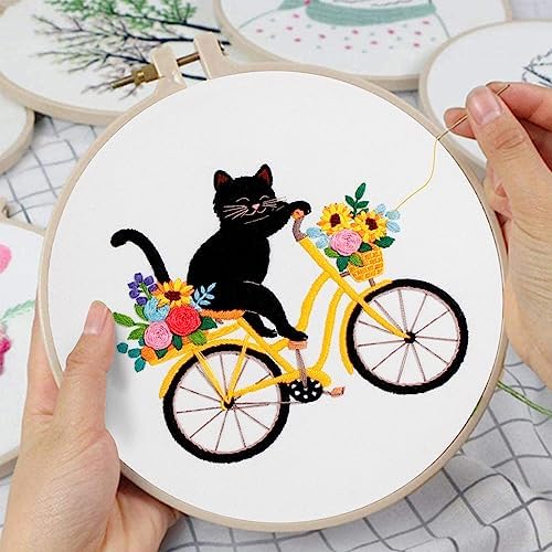 Louise Maelys Cat Bicycle Embroidery Kit for Beginners Floral DIY Craft - Image 4