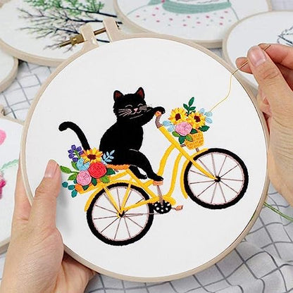 Louise Maelys Cat Bicycle Embroidery Kit for Beginners Floral DIY Craft - Image 4