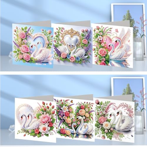 6PCS Swans and Flowers Diamond Art Painting Greeting Cards Kit with Envelopes - 5D DIY Diamond Art Card Kits for Adults - Handcrafted Postcards for Birthday & Holiday - Image 2
