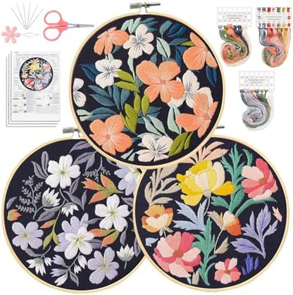 Santune 3 Pack Embroidery Kit for Beginners, Needlepoint Cross Stitch Kits for Adults,Needle Point Sets with Stamped Petal Pattern Stitch Video Tutorial by Santune