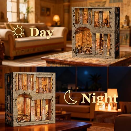 fifijoy Book Nook Kit - DIY Miniature House Dollhouse Kit for Adults and Teens, 3D Wooden Puzzle Booknook Build Bookshelf Decor with LED Light, Gifts for Family and Friends (Egyptian Pharaoh's Tomb) - Image 6