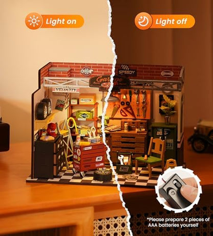 Rowood Miniature House Kit,DIY Miniature Dollhouse Craft Kits for Adults,Mini House Kits with LED,Birthday for Ages 14+(Garage Workshop) - Image 3