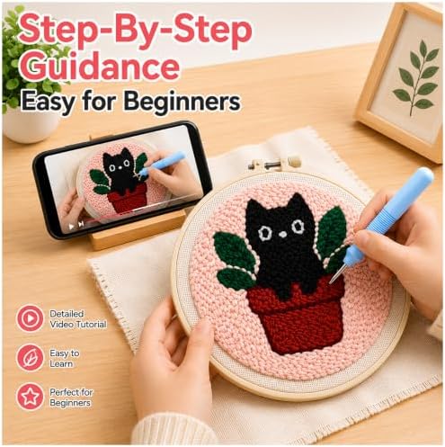 Punch Needle Kit for Beginners Adults Plant Cat, with Embroidery Hoop - Image 3