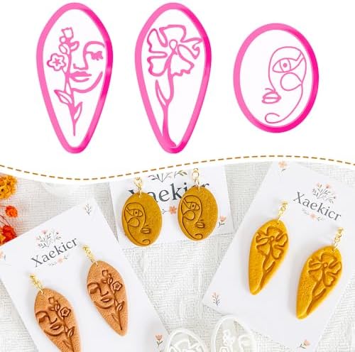 Xaekicr Abstract Face Polymer Clay Cutters Set – 3PCS Clay Earring Cutters with Floral Line Design – Embossed Polymer Clay Molds for DIY Jewelry and Crafts by Xaekicr