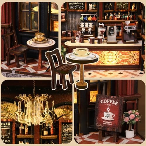 Sunny Cafe Dollhouse, DIY Miniature House Kit with LED Light for Adults Teens Beginners, Vintage Coffee Shop Book Nook Kit Bookshelf Decor, Creative DIY Craft Gift for Coffee Lovers Birthdays Holidays - Image 5